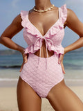 DEKA Girl Light Pink One Piece Swimsuit for Women High Waist Hollow Out Ruffle Suspender Backless Monokini Bikini Beach Swimwear