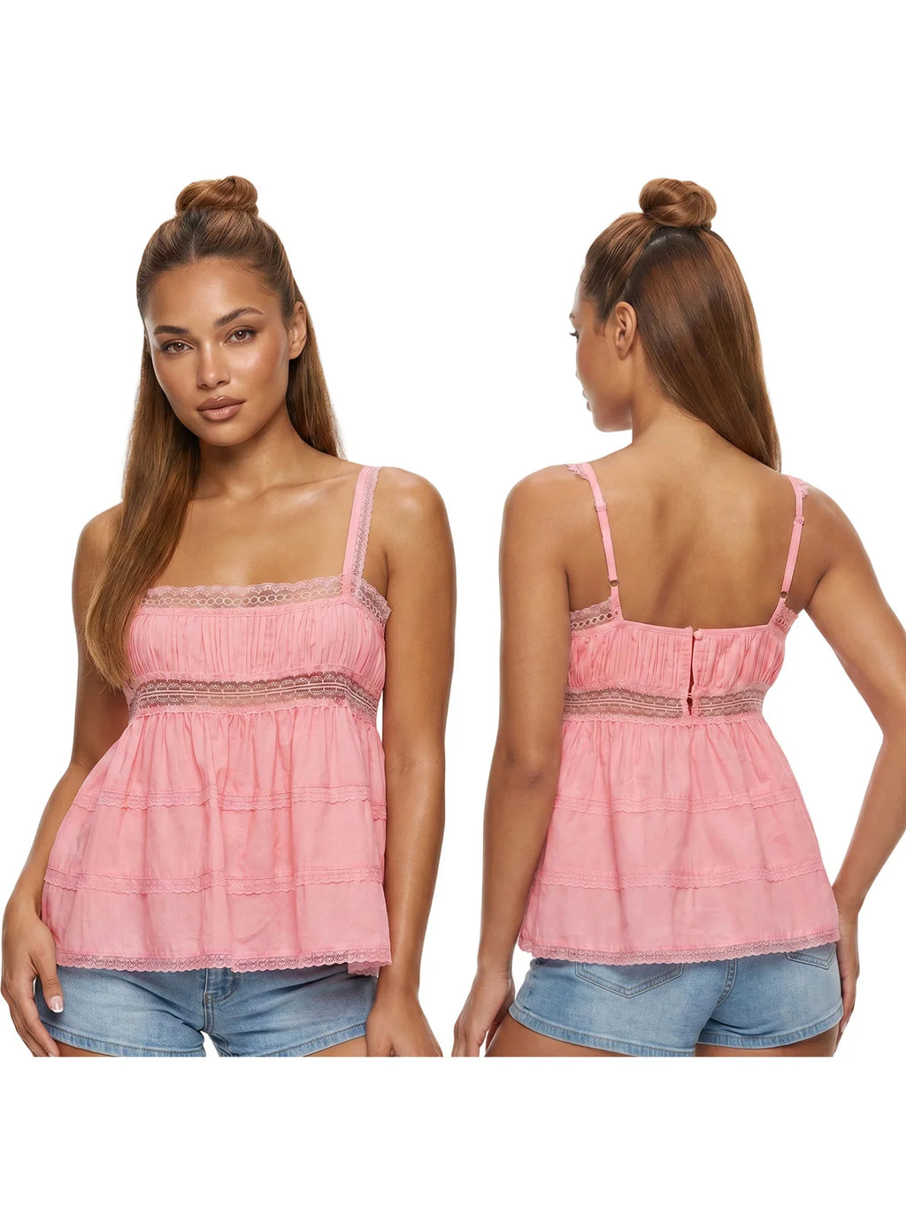 Women's Solid Color Babydoll Tank Tops Summer Stylish Lace Trim Loose Hem Square Neck Spaghetti Strap Sleeveless Camisoles