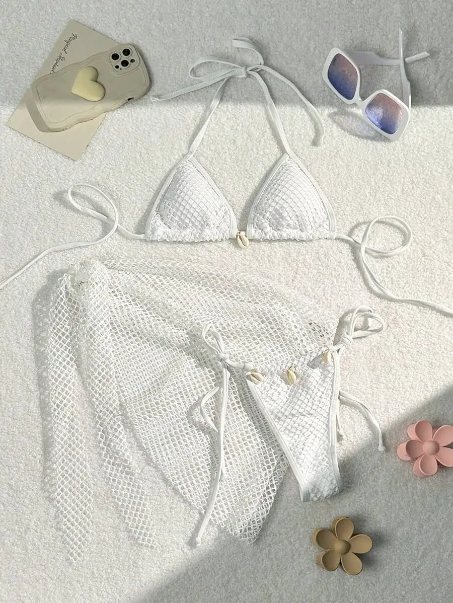 Women mesh micro mini string bikini sets 3pcs with cover skirt shell pendant swimsuit bathing suit beach outfits biquini tankini