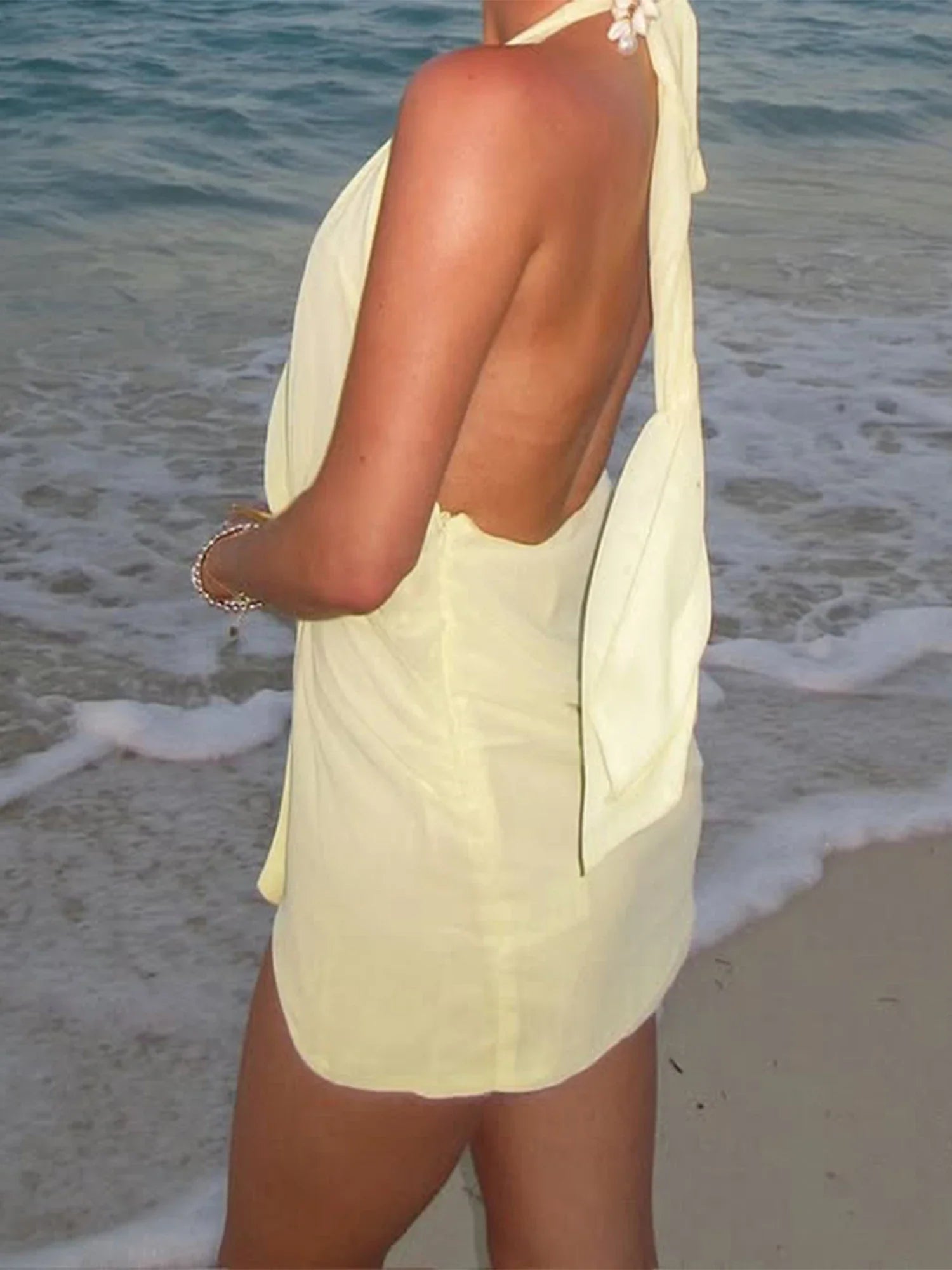 Women Casual Shell Deep V-Neck Wrap Halter Neck Party Beach Club Dress Summer Solid Color Sleeveless Backless Mini Dresses