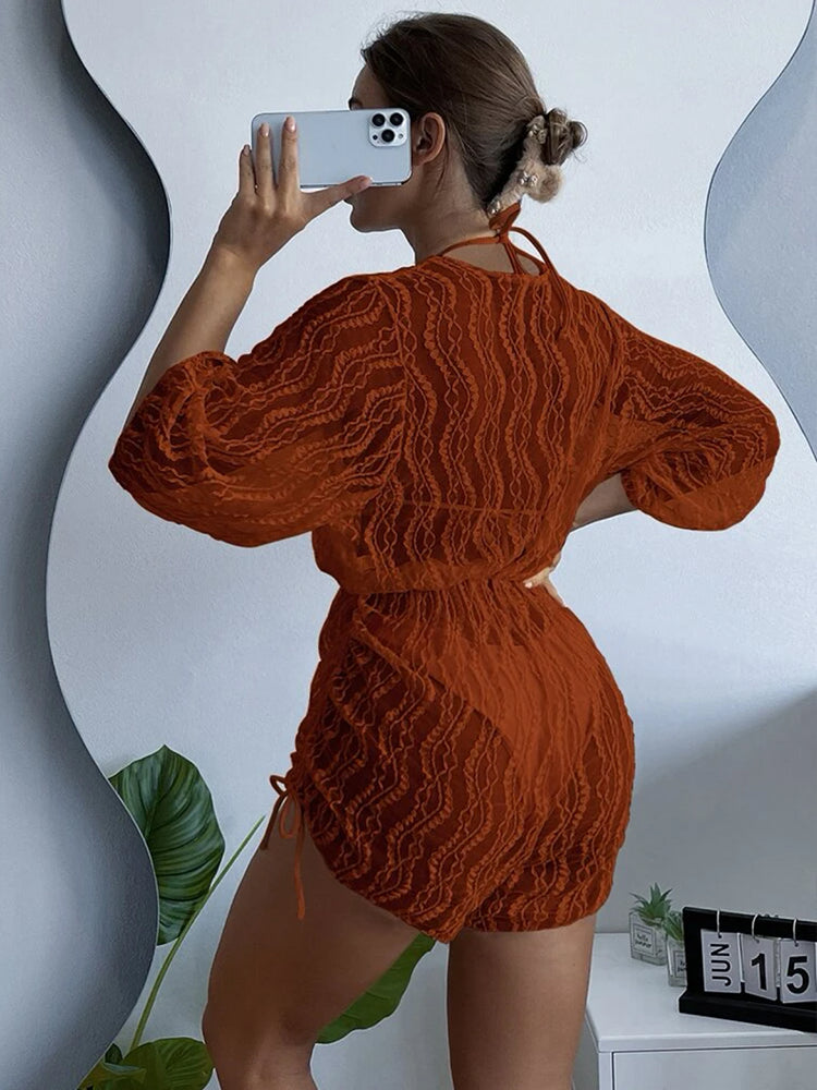 2024 3PCS Lace Hollow Out Bikini For Women Sexy Swimwear Female Pleated Cover Up Swimsuit Beach Wear New Brazilian Bathing Suit