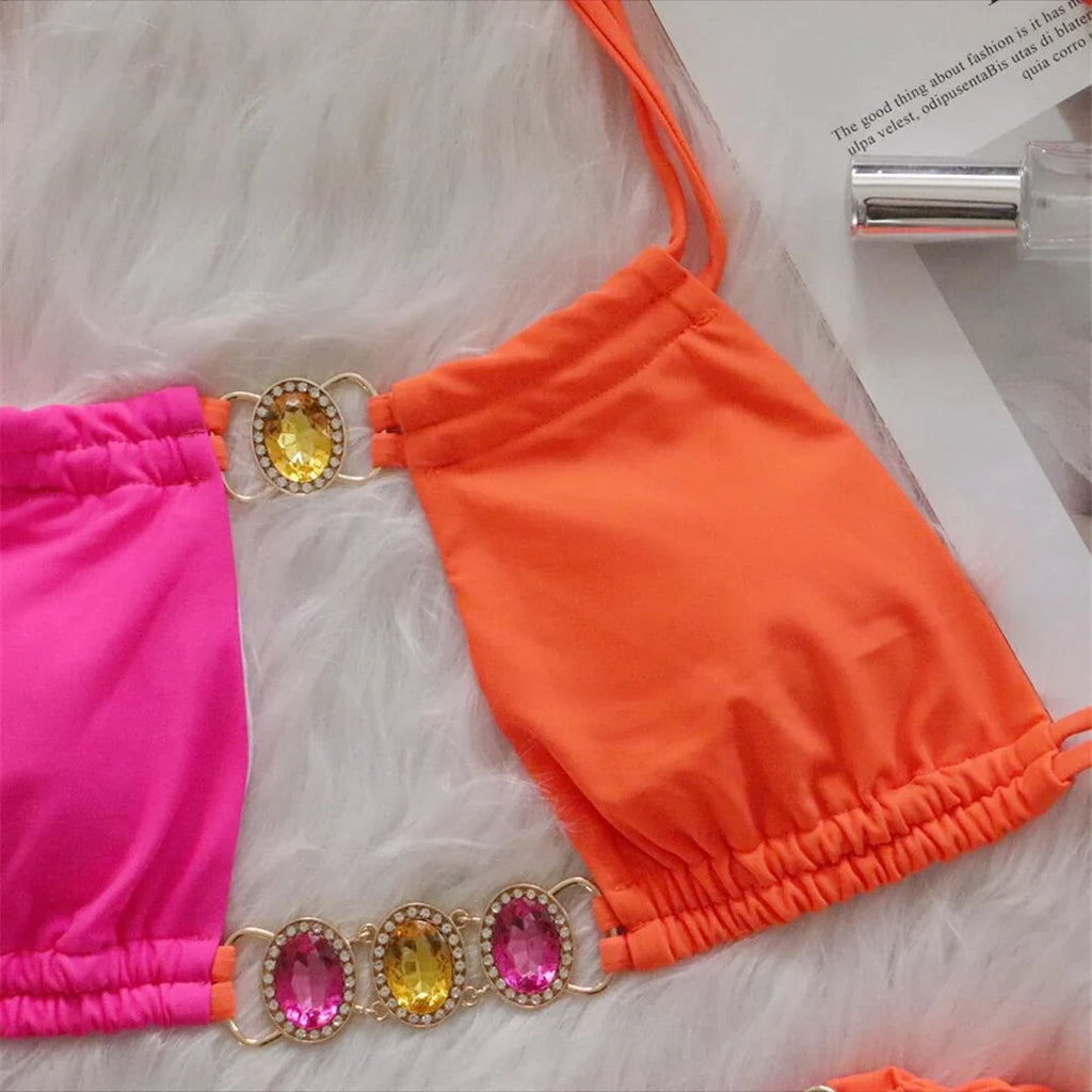 8 Colors Diamond Rhinestones Splicing Bikini Women Swimwear Female Swimsuit Two-Pieces Bikini Set Bather Bathing Suit Swim V5132