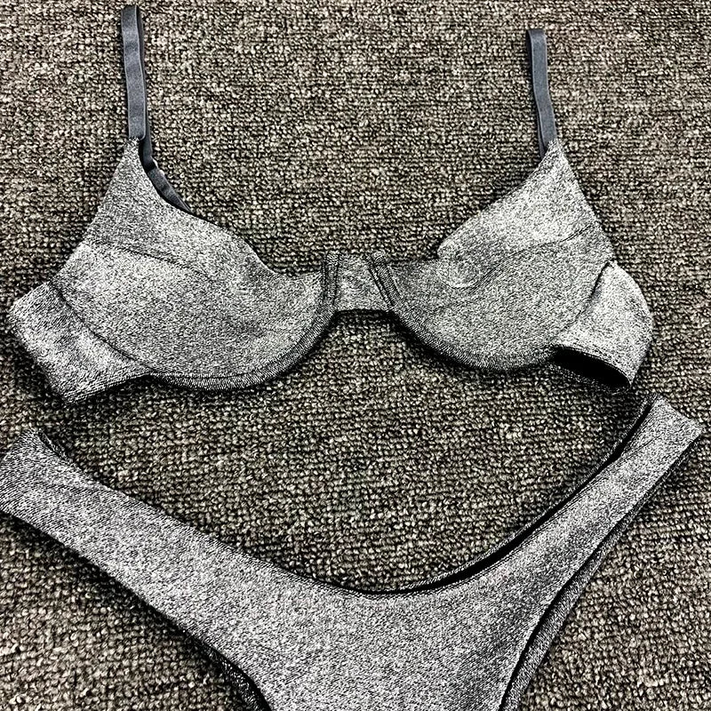 Glitter Sparkling Underwired V-Bar Bikini Women Swimsuit Female Swimwear Two-pieces Bikini Set Micro Thong Bathing Suit Swim