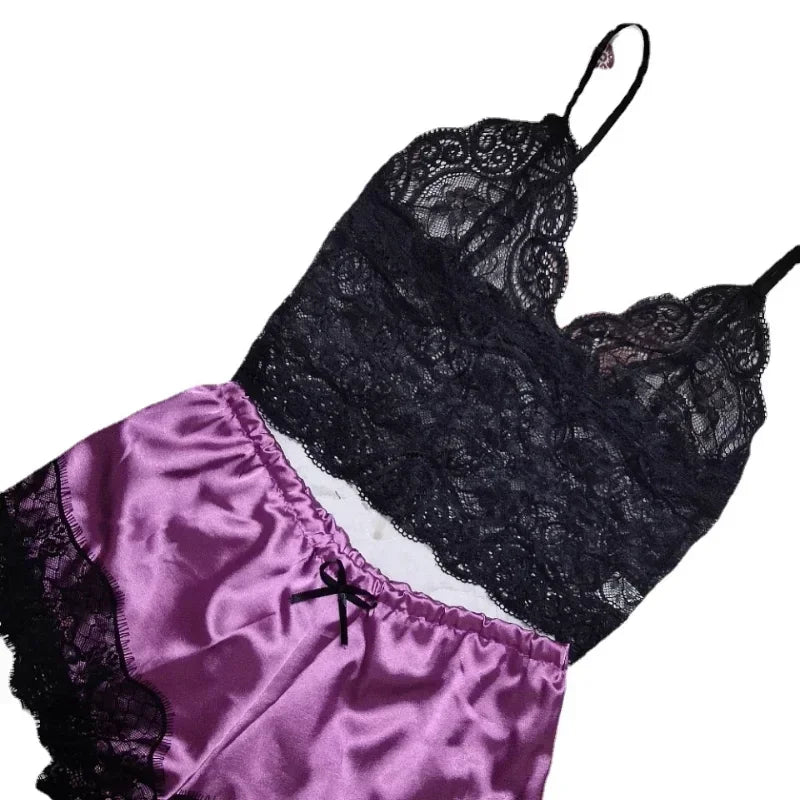 Summer Sexy 2 Pieces Pajamas Set for Women Sleepwear Lingerie Lace Silk Crop Tops and Shorts Sets Casual Nightwear Pijamas