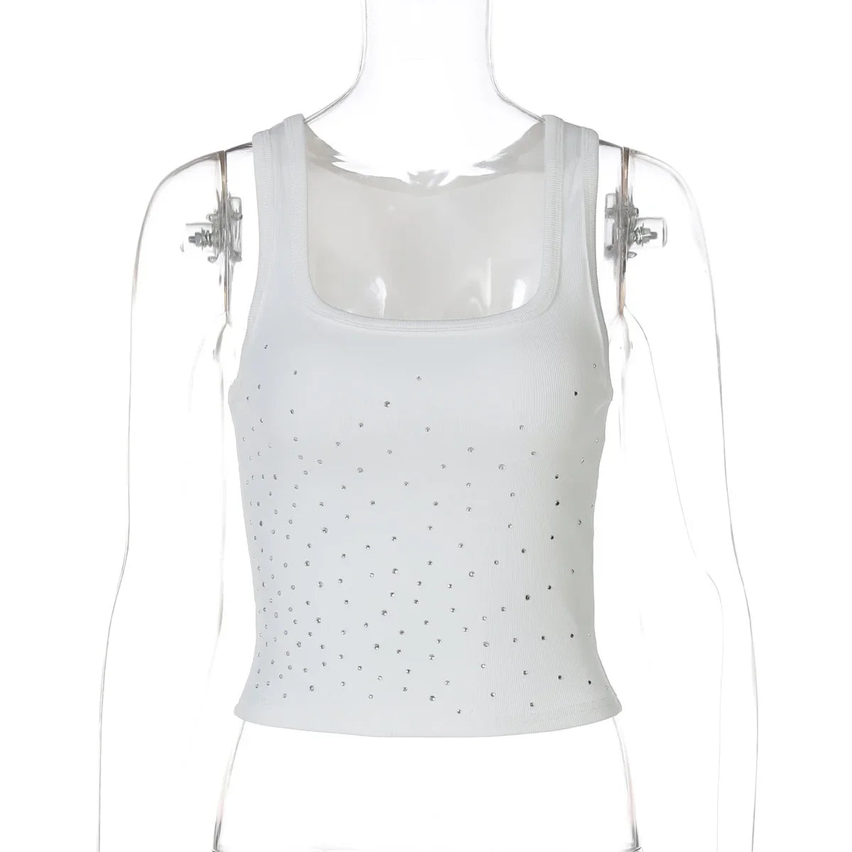 Woman Beading Rhinestones Tank Tops White Black Summer Sleeveless Corset T-shirt 2026 Casual Square Collar Crop Top Streetwear