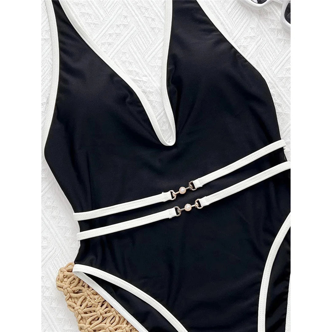 Sexy Deep V Neck Halter With Belt One Piece Swimsuit Women Swimwear Female High Cut Leg Monokini Bather Bathing Suit Swim V7602