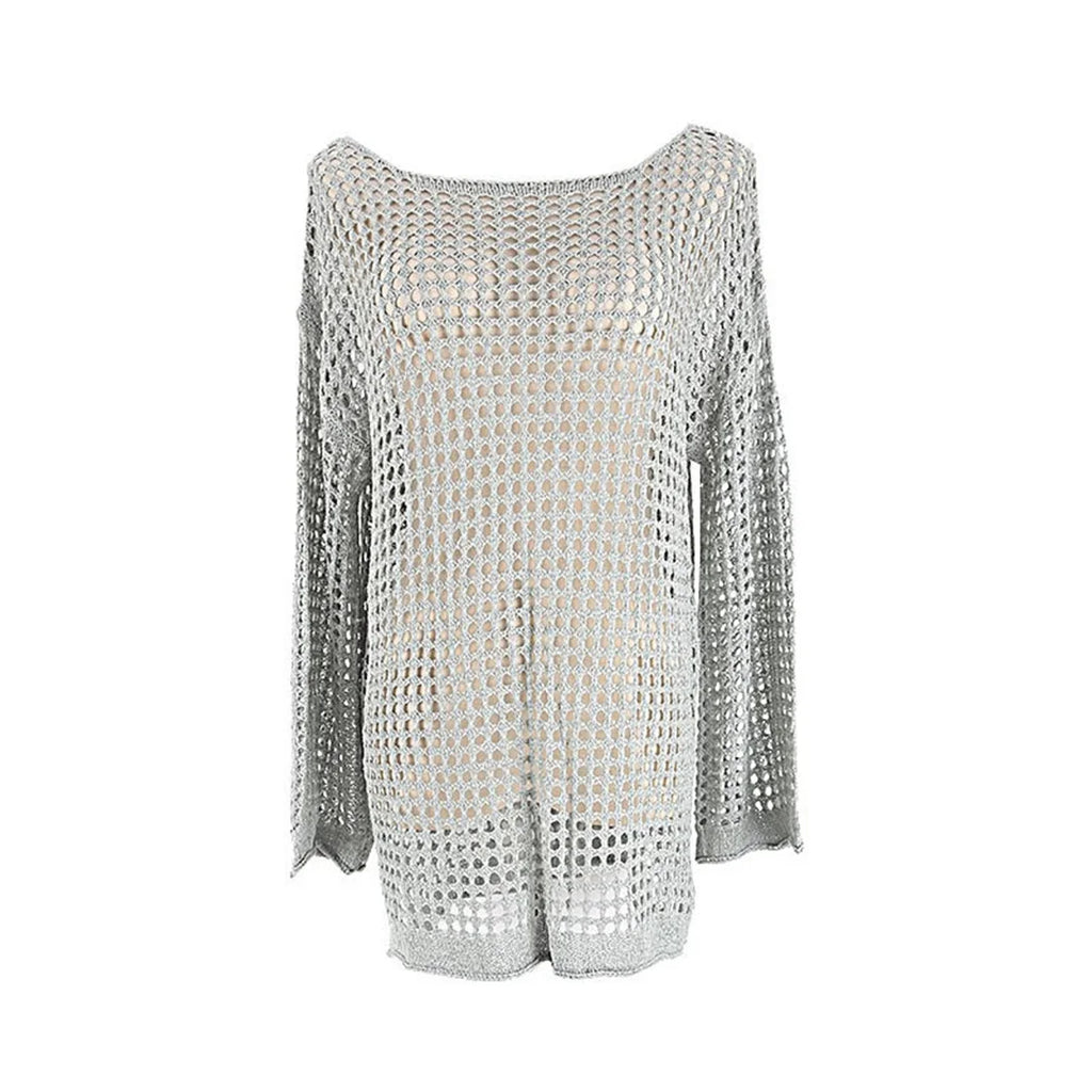 Long Sleeve Hollow Out Top Crochet Knitted Tunic Beach Cover Up Cover-ups Beach Dress Beach Wear Beachwear Female Women V4250