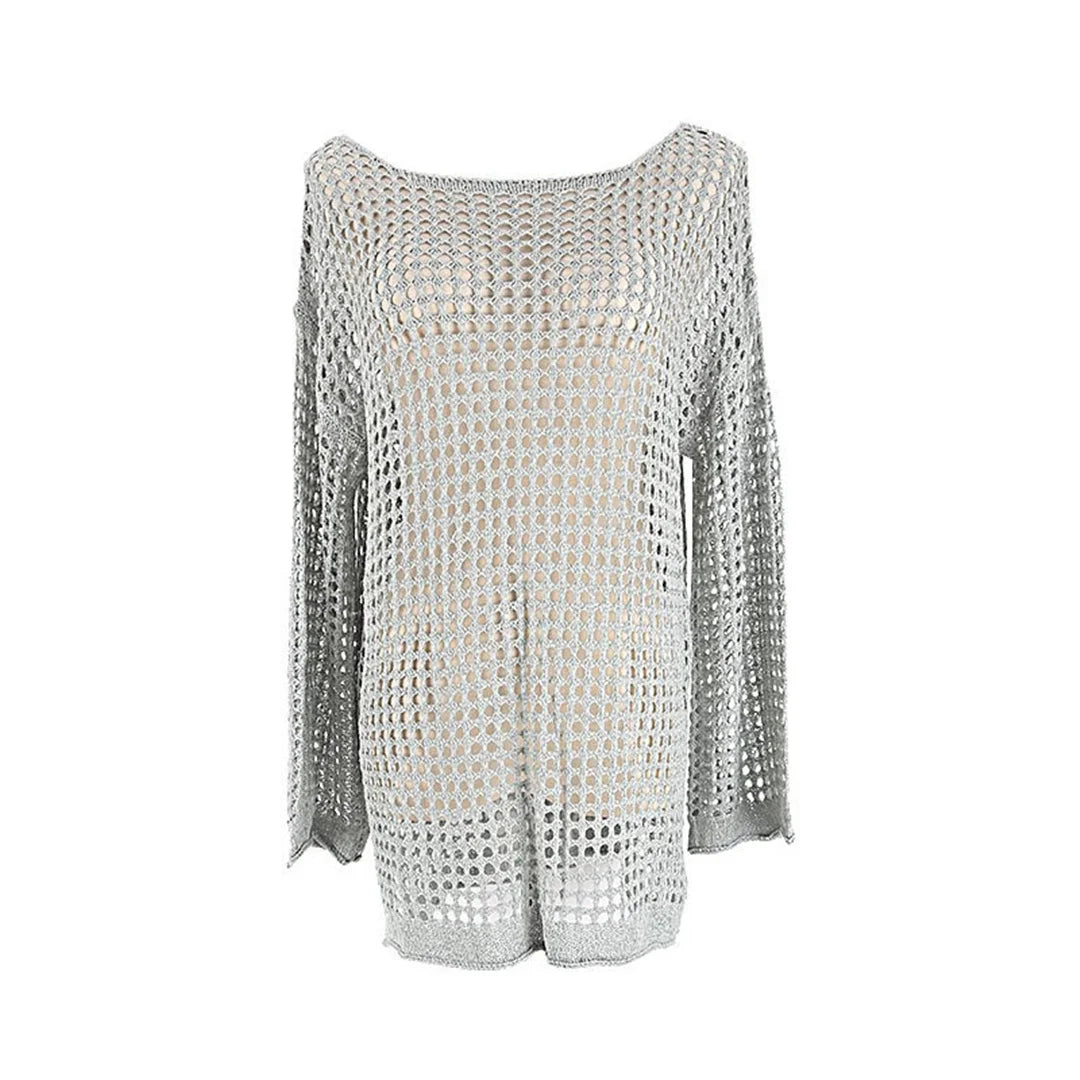 Long Sleeve Hollow Out Top Crochet Knitted Tunic Beach Cover Up Cover-ups Beach Dress Beach Wear Beachwear Female Women V4250
