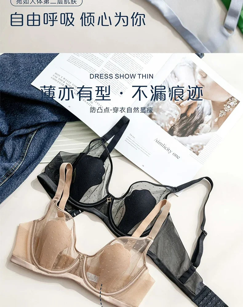 Parisian-Inspired Sheer Bralette Rabbit Cup Push-Up Bra Set Big Bust Support with Anti-Protrusion Padding Summer Thin Steel Ring
