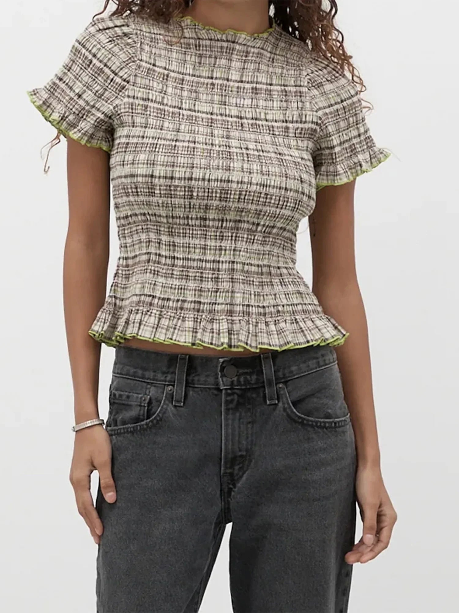 Women Casual Summer Plaid Print Shirred Tops Slim Mock Neck Short Sleeve Crop Ruffle T-shirts Streetwear
