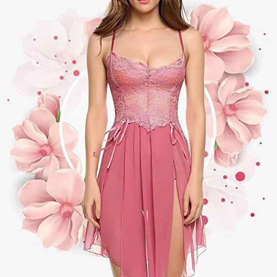 Women's Lace Trim Cami Nightdress - Sexy Side Slit & Mesh Panel, Perfect for Loungewear & Intimate Nights