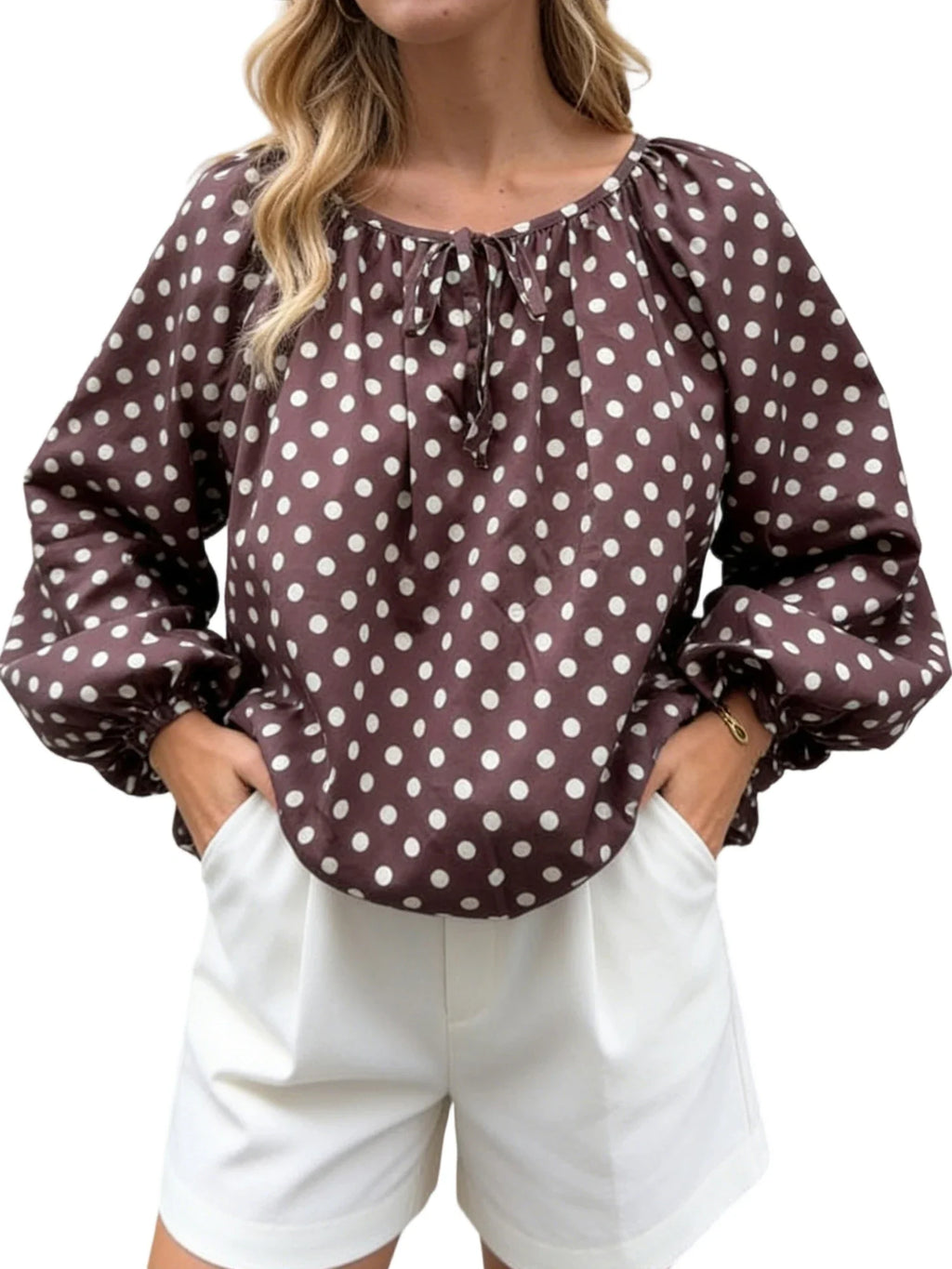 Women Puff Long Sleeve Crew Neck Spring Fall Tops Fashion Dot Print Casual Loose Fit Flowy Blouse