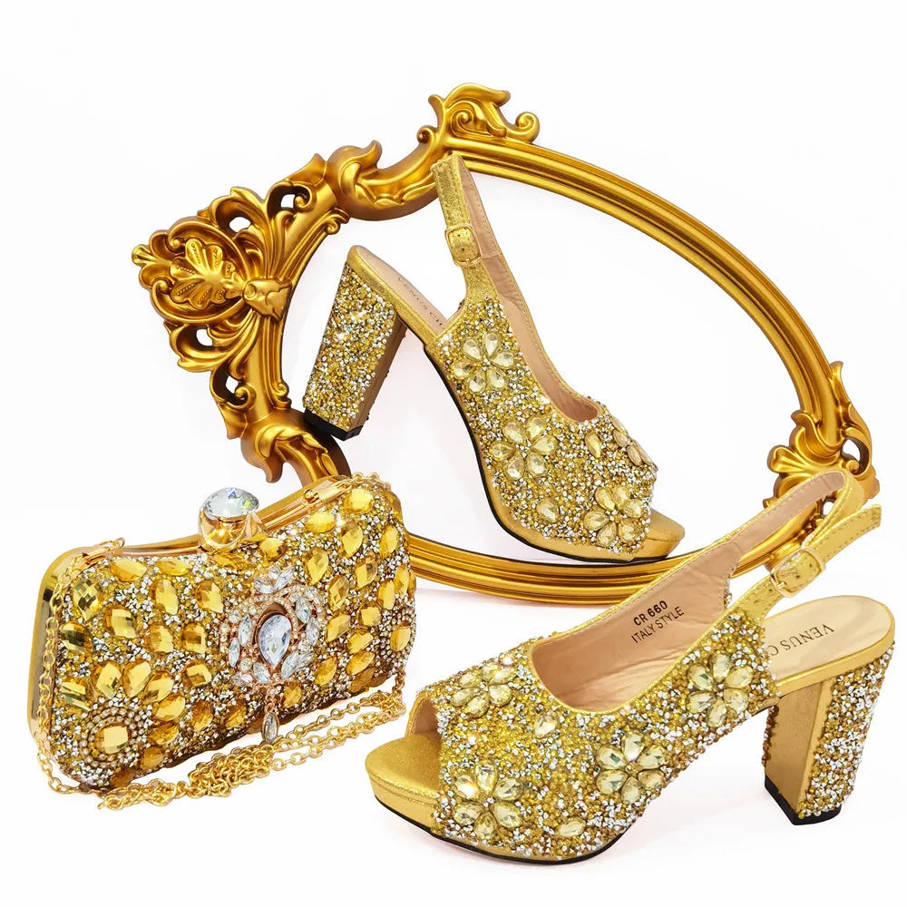 Doershow beautiful Italian Shoes And Bag Sets For Evening Party With Stones Italian Leather Handbags Match Bags! 21-2