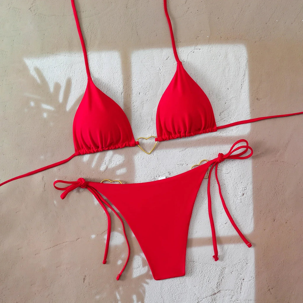 Sexy Metal Heart Ornament Bikini Set 2026 Women Blue Pink Halter Push Up Bra Thong Swimsuit Beach Bathing Suit Vacation Swimwear