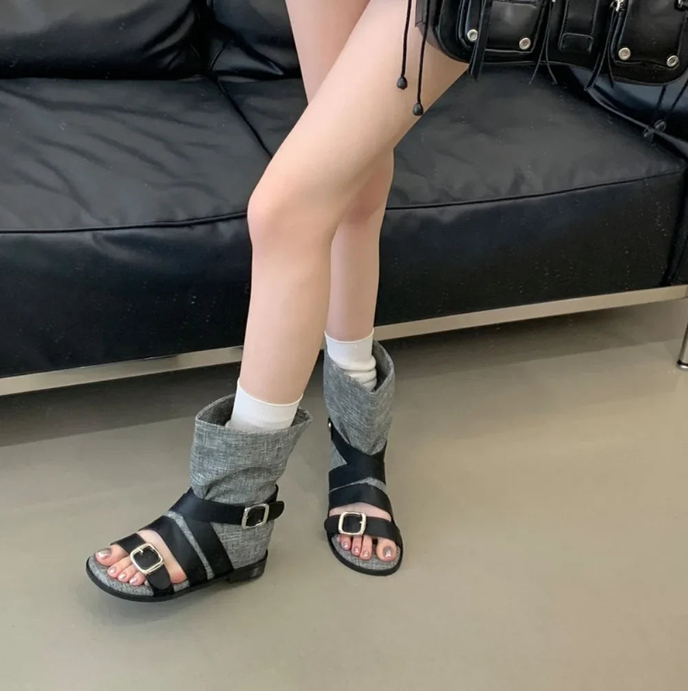Women's French Roman Style Belt Buckle High Top Sandals Summer New Retro Motorcycle Gladiator Ankle Sandals Boots New Summer