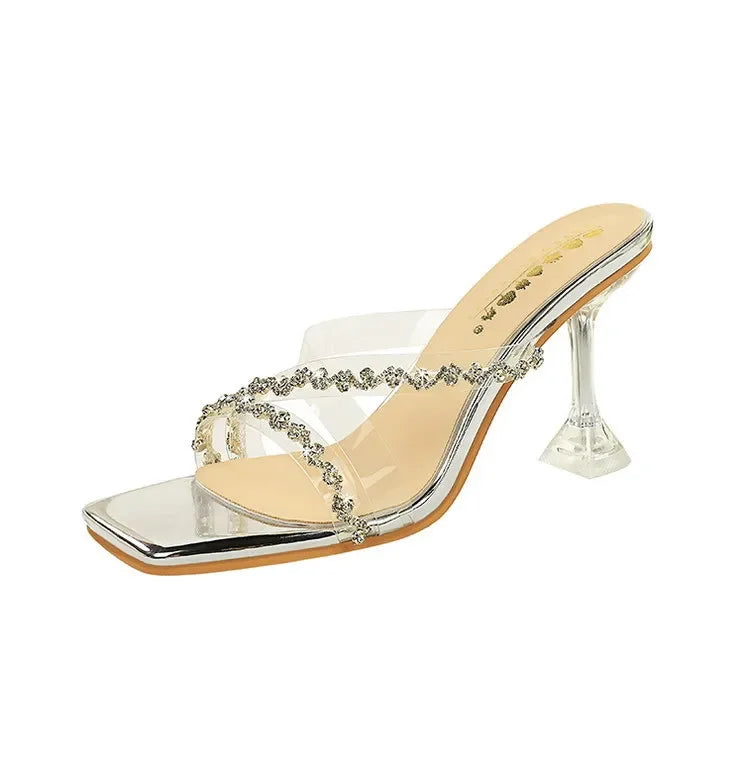 Transparent High Heels Women's Summer New Fashion Thin Heel Sandals Outdoor Wear Rhinestone Slippers Modern Minimalist Style