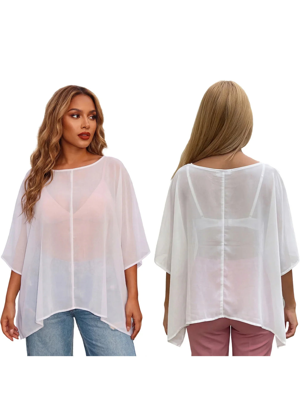Women Summer Holiday Beach Sheer T-shirts Short Sleeve Tops Oblique Neck Solid Color See-through Irregular Party Clubwear