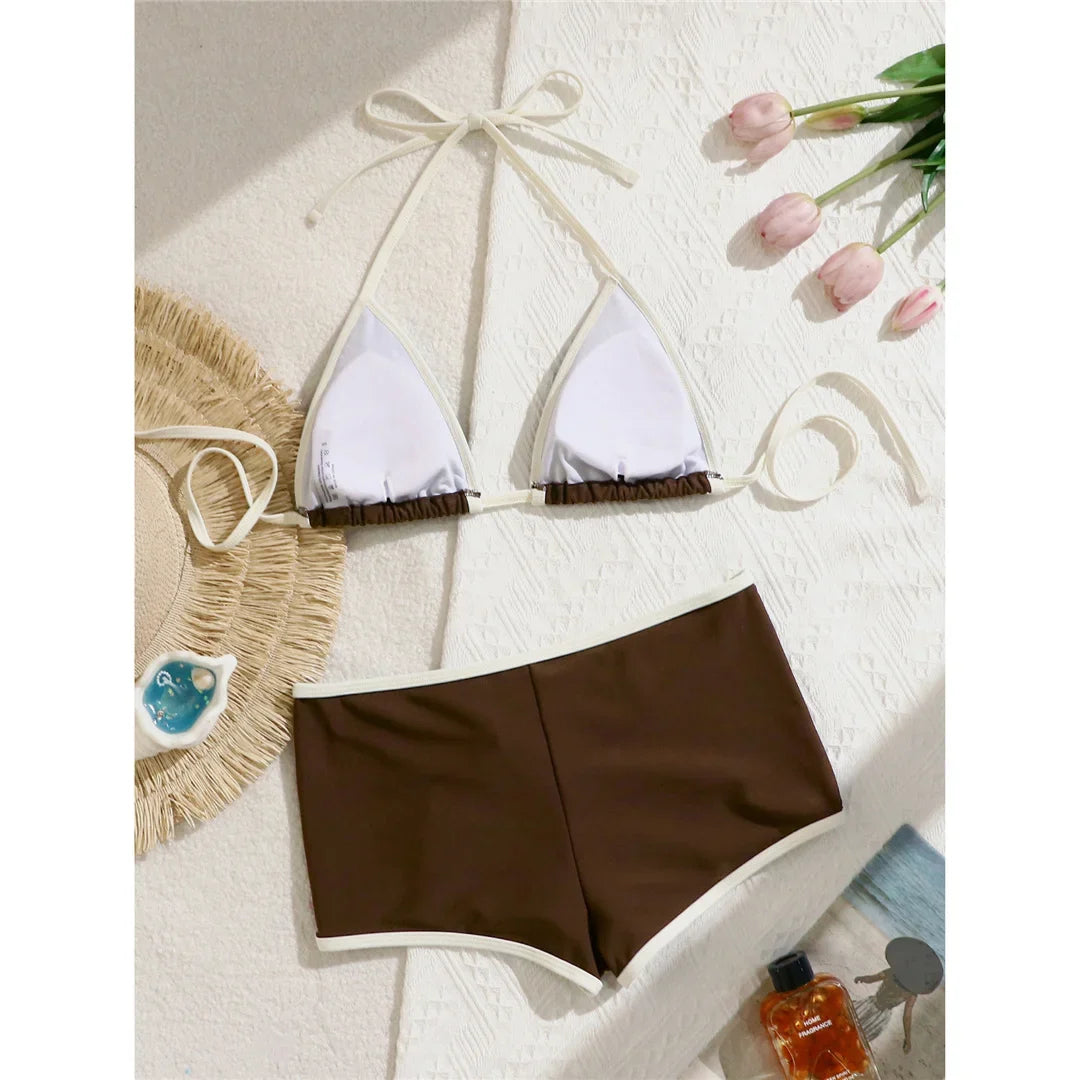 Sexy Splicing Halter Shorts Bikini Female Swimsuit Women Swimwear Padded Bather Bathing Suit Swim Two-pieces Bikini set K8132