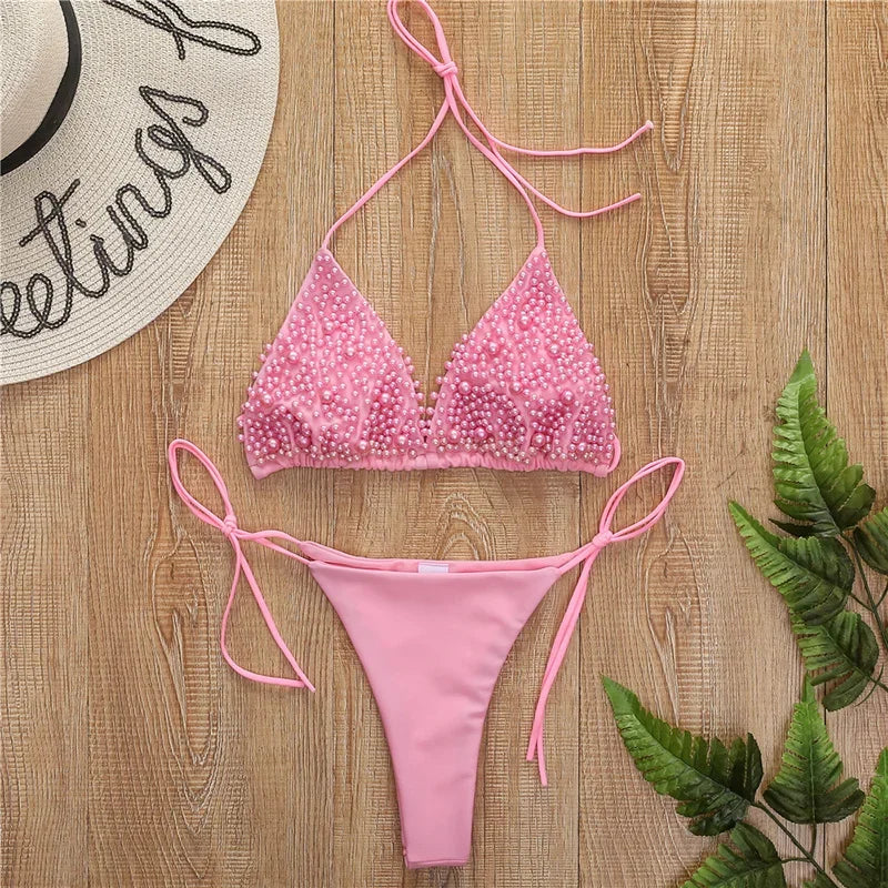 Halter Luxury Pearl Bikini Mini Micro Bikinis Female Swimsuit Women Swimwear Two-pieces Bikini Set Bather Bathing Suit Swim Lady