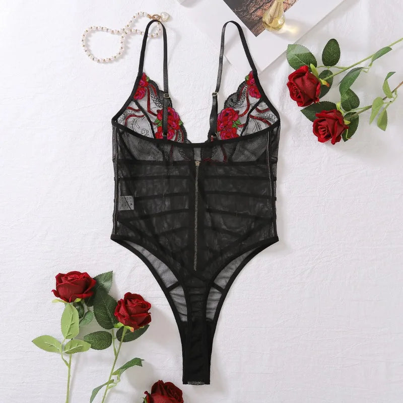 Toucheart Sexy Lace Mesh Transparent Underwear Women V-Neck Sexy Suspender Bodysuit With Zipper Exotic Sexy Printing Jumpsuit