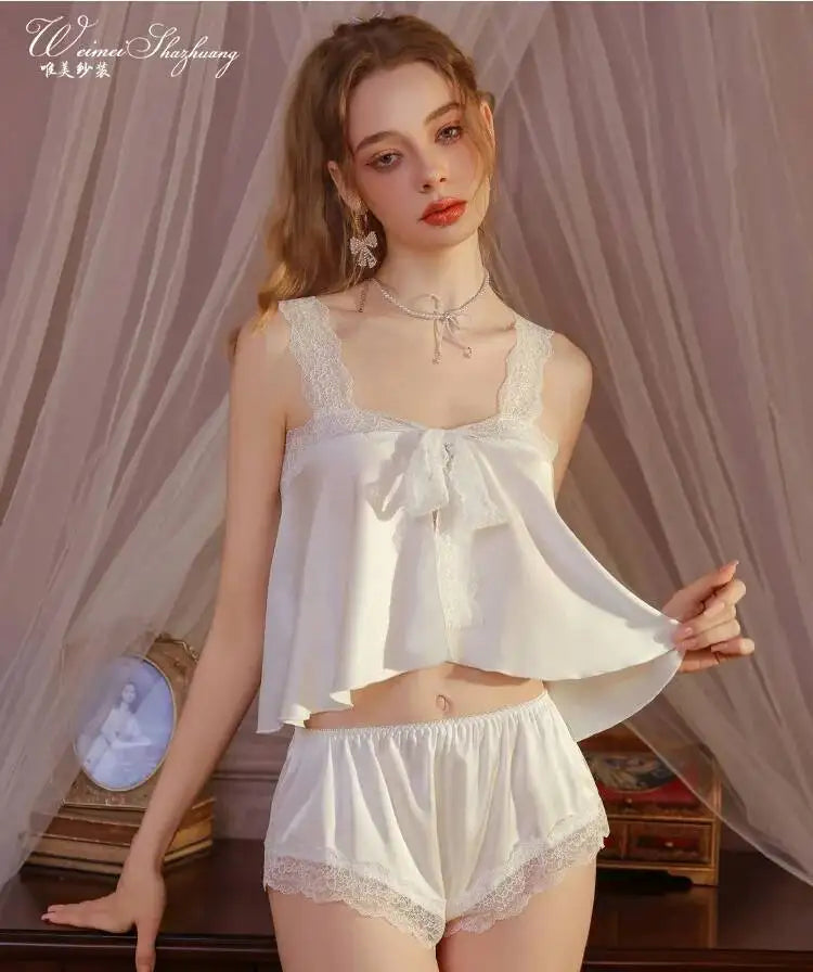 Pure Desire Home Wear Set New Sweet Style Camisole Shorts Pajamas Thin Sexy Ice Silk Home Wear Two-Piece Casual Style Sets N5GK