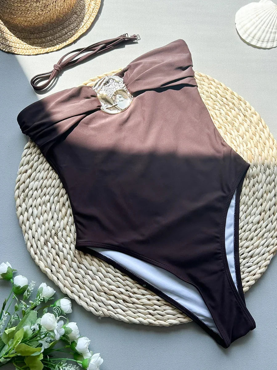 2026 Sexy Metal Buckle Women Bandeau Swimwear One Piece Swimsuit Female Monokini Bather High Leg Cut Bathing Suit Swim Beachwear