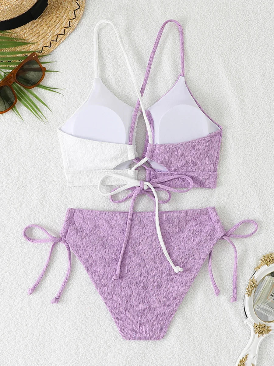 2026 Drawstring Triangle Bikini Women Sexy Color Block Swimwear Female Strappy Swimsuit Bathers Bathing Swimming Swim Suit