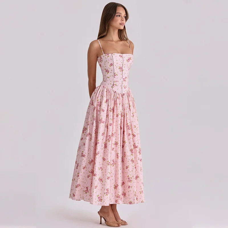 FDYOUI 2026 Summer Floral Print Spaghetti Strap Dress for Woman Elegant Sleeveless High Waist Long Party Evening Dresses Pink