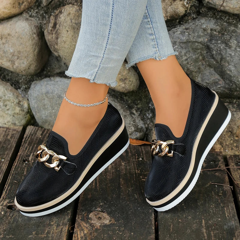 Fashion Metal Chain Wedge Heeled Loafers Women 2026 Slip On Platform Pu Leather Shoes Woman Non Slip Thick Sole Single Shoes