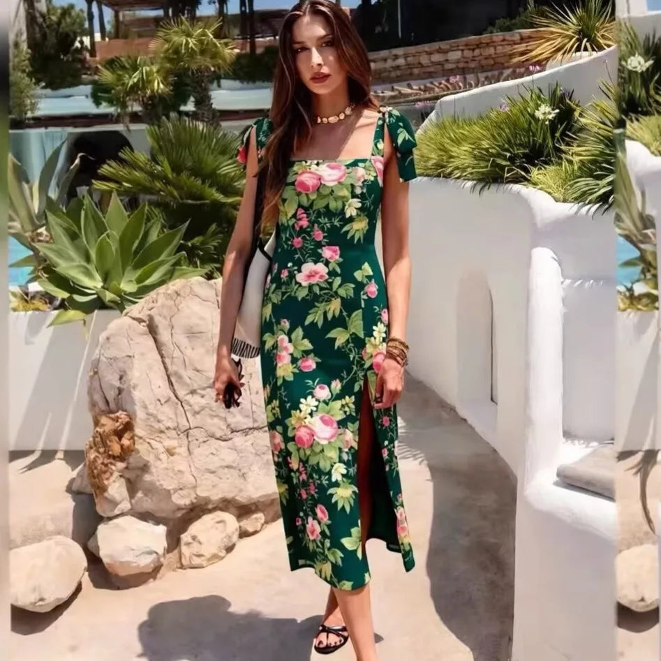 Floral Print Slim-fit Side-slit Camisole Dress For Women With Double Shoulder Straps And Semi-elastic Back Mid-length Skirt 9UCW