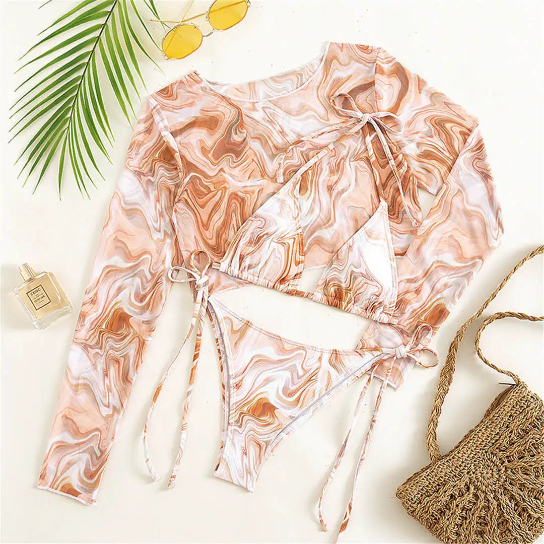 S- XXL Leopard Printed Long Sleeve Bikini Women Swimwear Female Swimsuit Three-piece Bikini set Bather Bathing Suit Swim V3193SW