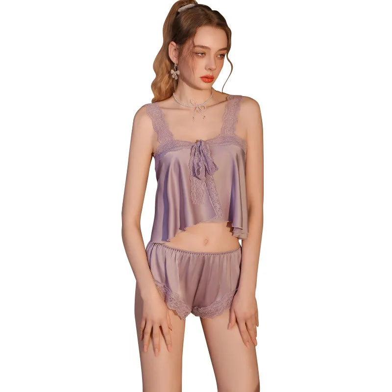 Pure Desire Home Wear Set New Sweet Style Camisole Shorts Pajamas Thin Sexy Ice Silk Home Wear Two-Piece Casual Style Sets N5GK