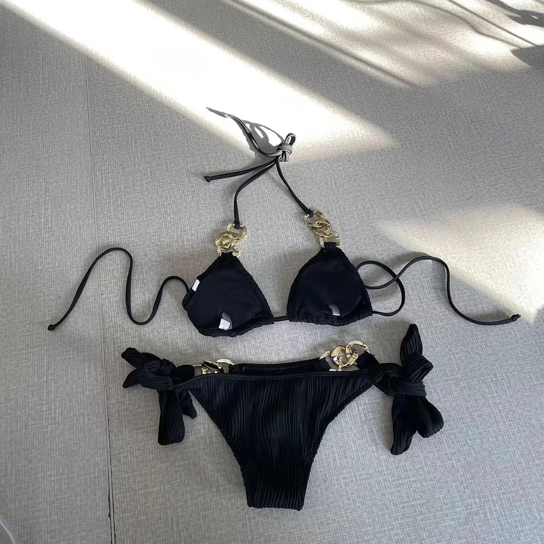 Halter Metal Rings Bikinis Wrinkled Bikini Female Swimsuit Women Swimwear Two-pieces Bikini Set High Cut Bathing Suit Swim Lady