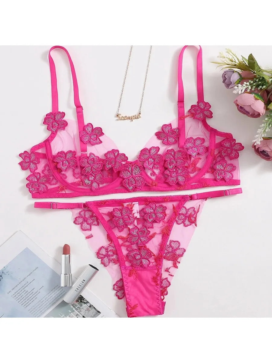 Toucheart Sexy Lingerie Set Transparent Feminine Sweet Mesh Embroidered Lace Bra Flower Applique Transparent Lingerie Women Kit