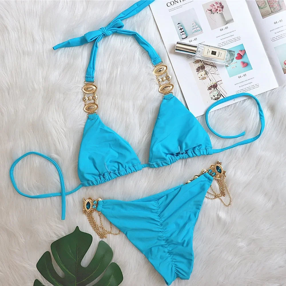 2026 Sexy Bikini Women Sky Blue Luxe Crystal Diamond Metal Chain Swimwear Swimsuit Female Halter Beach Bikinis Set Bathing Suit