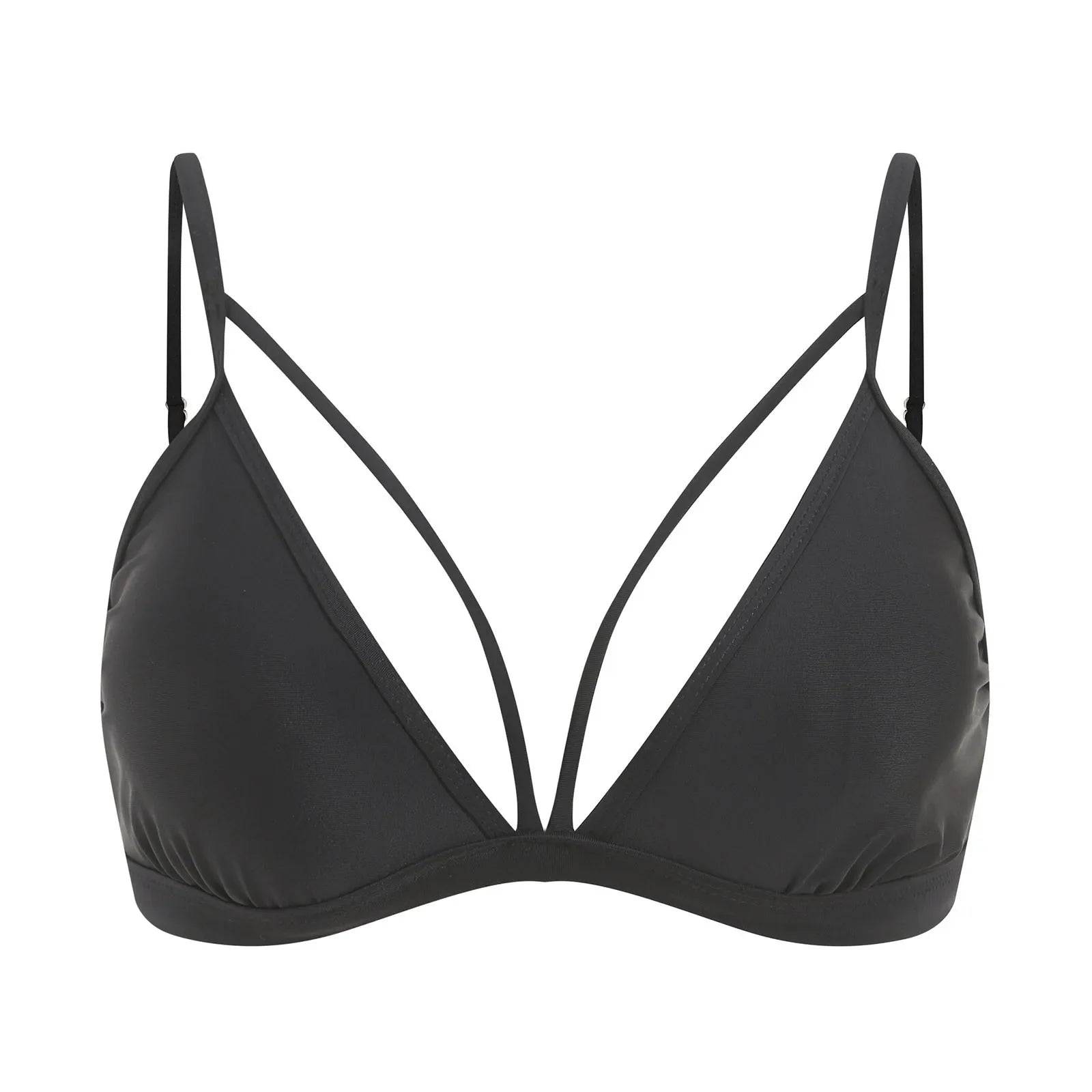 Women's Wire Free V Neck Triangle Bikini Top Black Hollow Out Push Up Bra Sexy Swimsuit Summer Adjustable Straps Bathing Suits