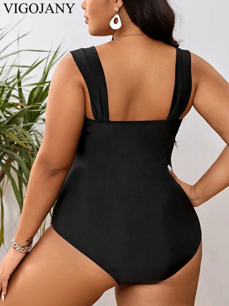 VigoJany 2026 Black Strapped Plus Size Swimwear Women Push Up One Piece Swimsuit Backless Summer Beach Big Bathing Suit