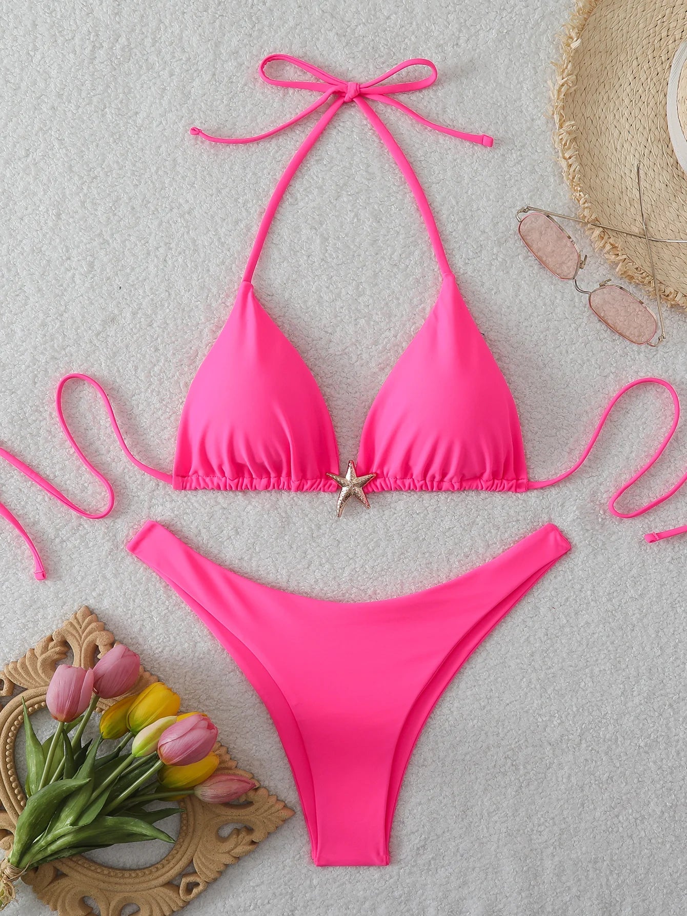 Halter Triangle String Bikinis 2026 Women Sexy Swimsuit Solid Starfish Swimwear Female Bathers Bathing Swimming Swim Suit