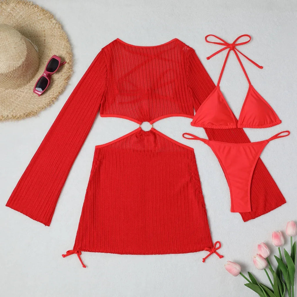 With Long Sleeve Cover Up Halter Bikini Women Swimwear Female Swimsuit Three-pieces Bikini set Bather Bathing Suit Swim V5123