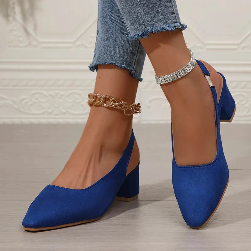Zoki Fashion Leopard Print Thick Heel Sandals Women Back Strap High Heels Sandals Woman Plus Size 42 Pointed Toe Slingbacks