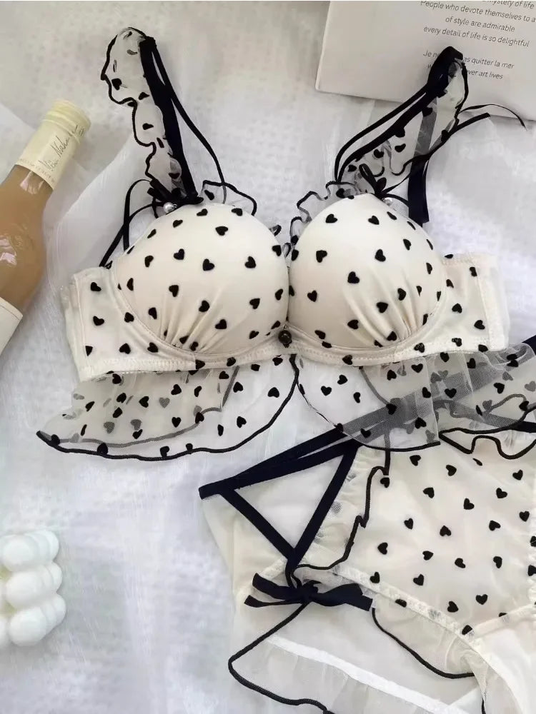 Japanese Mesh No-wire lace Underwear set Women's small breasts gather sexy pure desire sweet bra cute bra Panty SET TUSHY