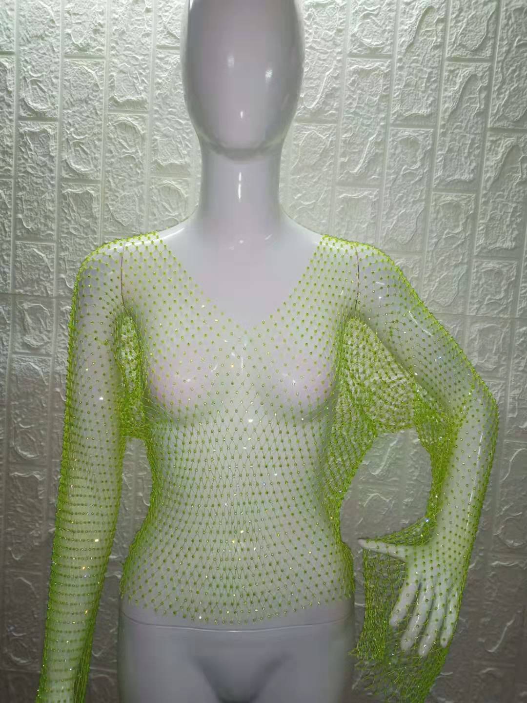 Women Rhinestone Fishnet T-shirt Solid Color Long Sleeve Crop Tops See Through Hollow Out Sexy Shirts Female Smock Tops