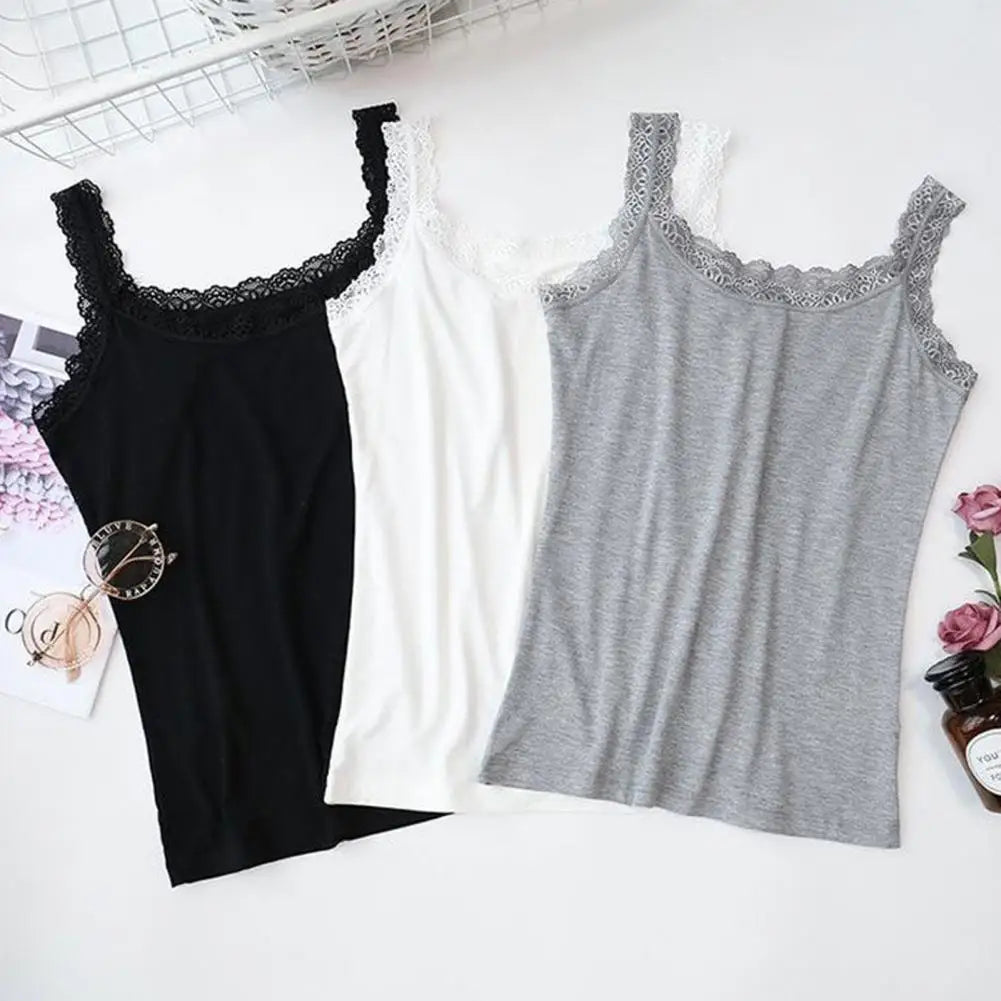 Women Summer Vest U-Neck Sleeveless Slim Fit Tank Tops Thin Vest Solid Color Lace Trimmed Camisole Streetwear