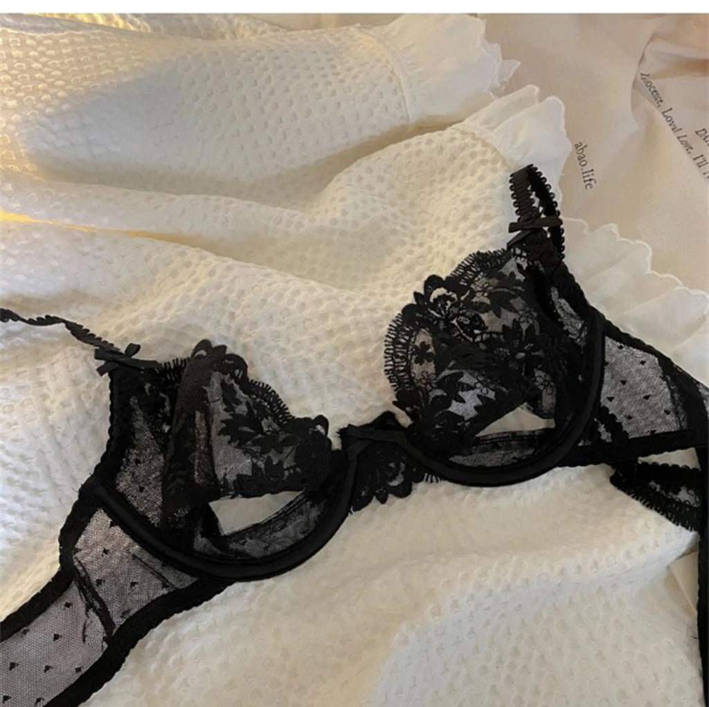 MOYISU Parisian Sheer Bralette Set - Ultra-Thin Wire-Free Bra No Padding Anti-Sag Lace Cutout Lingerie Sexy Vacation-Ready Tushy