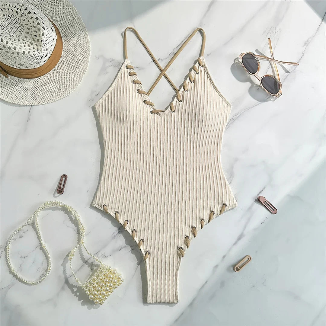 5 Colors V Neck Ribbed Cross Back One Piece Swimsuit Women Swimwear Female High Leg Cut Monokini  Bather Bathing Suit Swim V6278