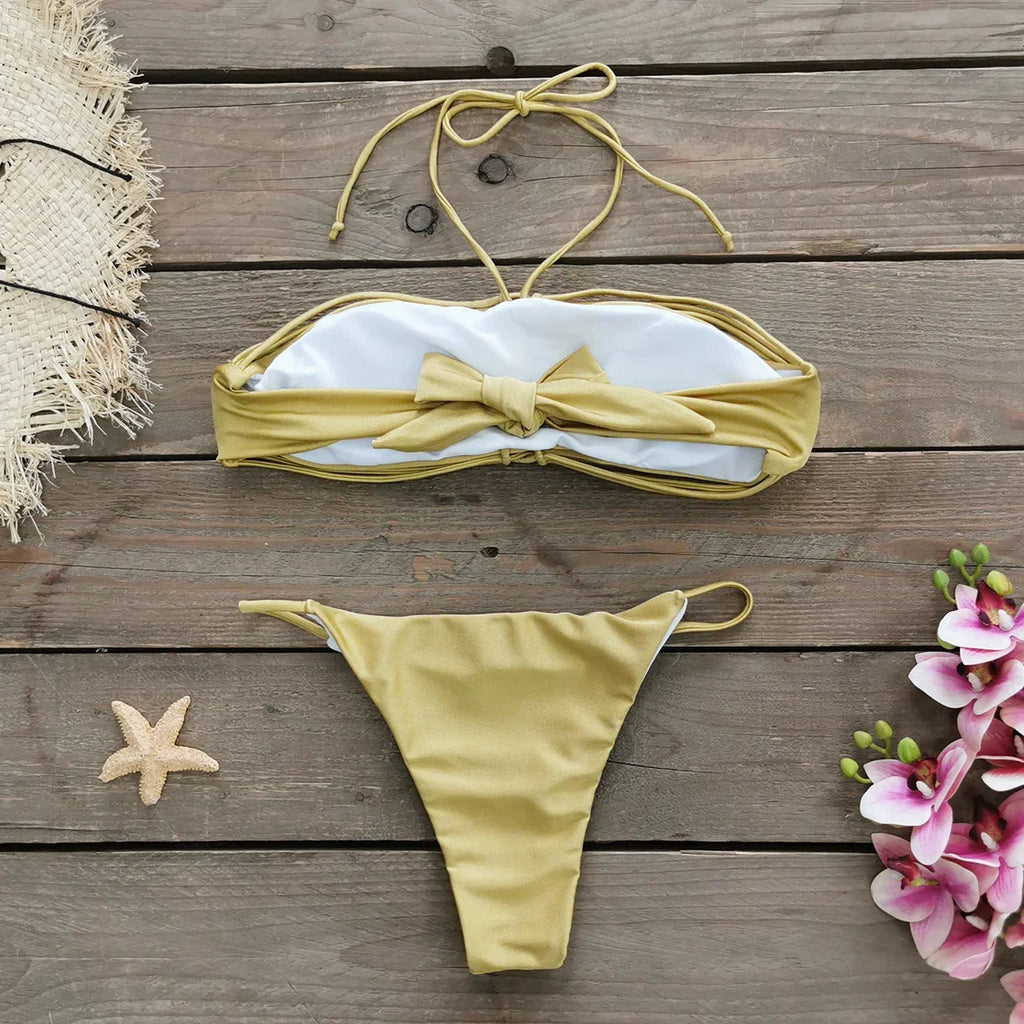 New Bandage Stripes Brazilian Bikini Swimwear Women's Swimsuit Two Piece Set Female Sexy Lace up Mujer Beachwear Summer