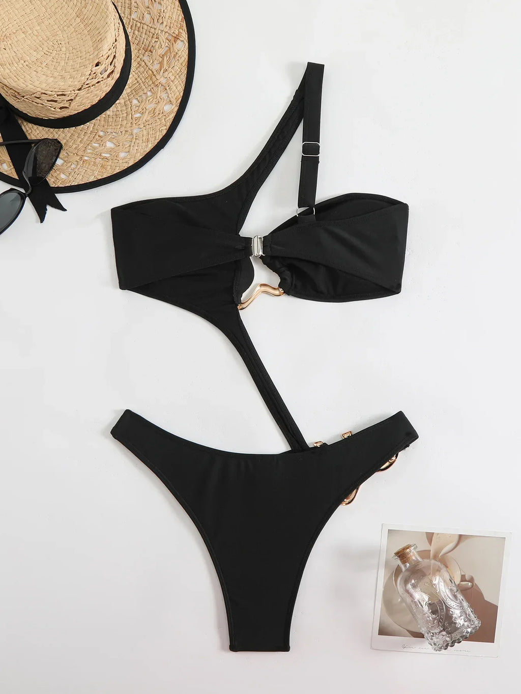 Sexy Black Hollow Out Bikini 2025 Women One Shoulder Metal Designer  Backless Thong One Piece Swimsuit Summer Bathing Suits