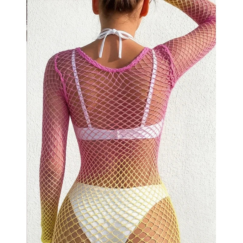 1 PC Women Sheer Mesh Long Sleeve Beach Cover Up Sexy See-Through Fishnet Bodycon Dress for Summer No Bikini Included