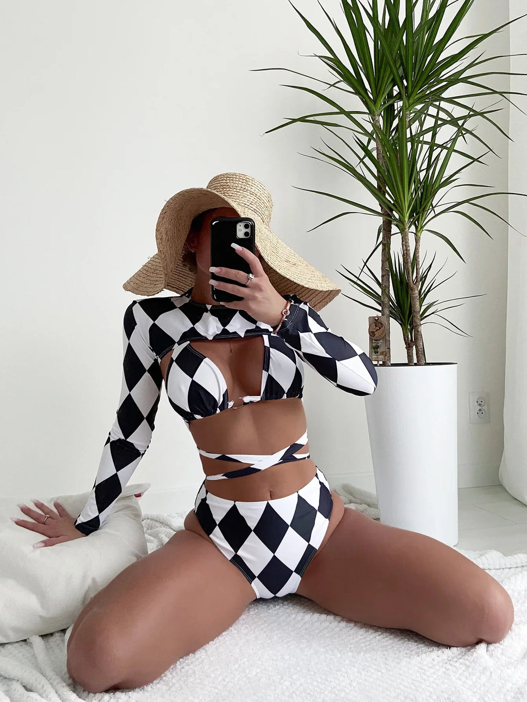 DEKA High Waisted Plaid Bikini Set for Women Lattice Print Camisole Swimwear Bathing Suit, Sexy Separate Bandeau Split Swimsuit