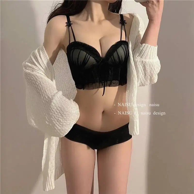 Sexy Lolita Bra Set for Women Wireless Push Up Bralette Lace Sexy Lingerie Set for Small Bust Gathering No Underwire MOYISU S-XL